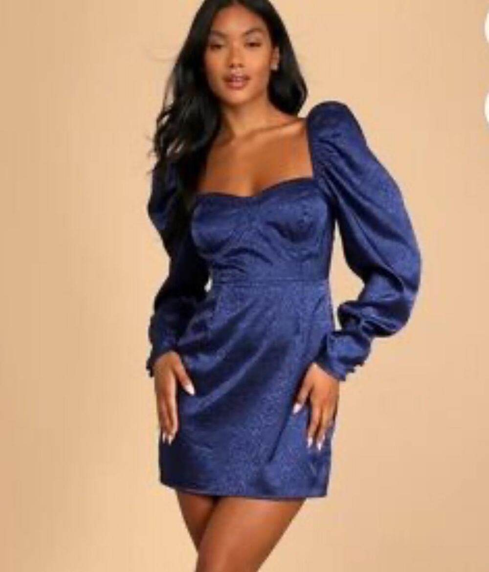Lulus Dress Women's Size M Navy Blue Burst Into Bloom Satin Floral Jacquard Mini